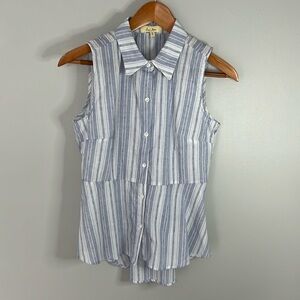 Love Notes Blue/White Striped Sleeveless Peplum Button Up 100% Cotton Blouse